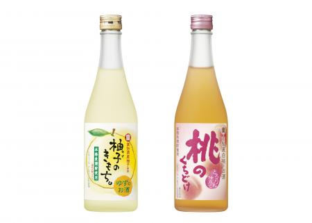 左から寶 高知柚子のお酒「柚子のきもち。」、寶 山梨産白桃のお酒「桃のくちどけ」