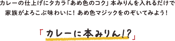 カレーの仕上げにタカラ「あめ色のコク」本みりんを入れるだけで家族がよろこぶ味わいに！あめ色マジックをのぞいてみよう！「カレーに本みりん！？」