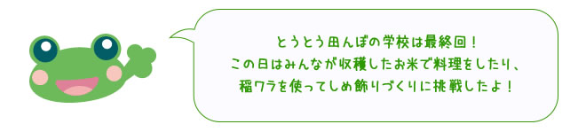 とうとう田んぼの学校は最終回！この日はみんなが収穫したお米で料理をしたり、稲ワラを使ってしめ飾りづくりに挑戦したよ！