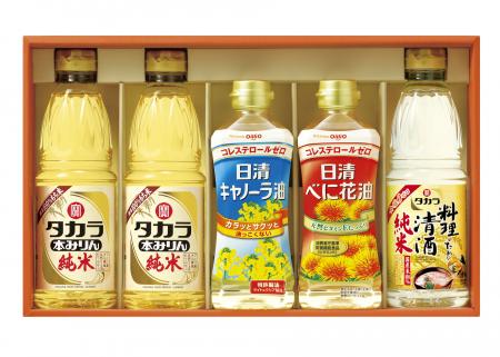 タカラ調味料＜純米＞・厳選調味料セットタカラ本みりん「純米」６００ｍｌ（２本）タカラ「料理のための清酒」＜純米＞６００ｍｌ日清べに花油４００ｇ・日清キャノーラ油　４００ｇ参考小売価格：３，０００円　(消費税抜き)