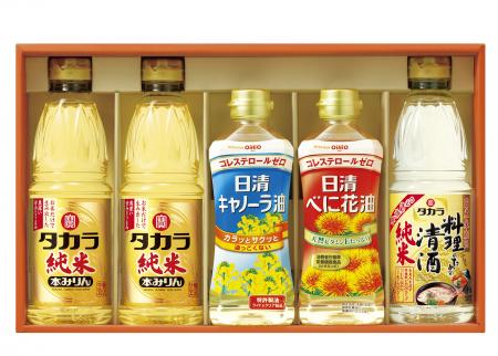 タカラ調味料＜純米＞・厳選調味料セットタカラ「純米」本みりん６００ｍｌ(２本)タカラ「料理のための清酒」(純米)６００ｍｌ日清べに花油４００ｇ・日清キャノーラ油４００ｇ参考小売価格：３,０００円(消費税抜き)