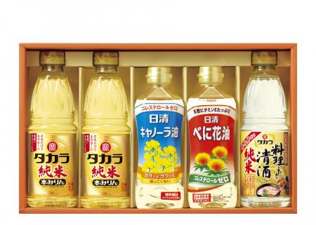 タカラ調味料＜純米＞・厳選調味料セットタカラ「純米」本みりん６００ｍｌ(２本)タカラ「料理のための清酒」＜純米＞６００ｍｌ日清べに花油３８０ｇ・日清キャノーラ油３８０ｇ参考小売価格：３,０００円(消費税抜き)