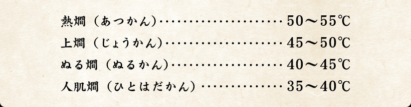 熱燗（あつかん）…50～55℃、上燗（じょうかん）…45～50℃、ぬる燗（ぬるかん）…40～45℃、人肌燗（ひとはだかん）…35～40℃