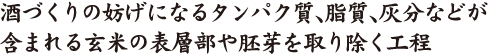 酒づくりの妨げになるタンパク質、脂質、灰分などが含まれる玄米の表層部や胚芽を取り除く工程