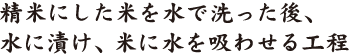 精米にした米を水で洗った後、水に漬け、米に水を吸わせる工程