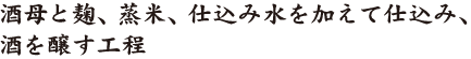 酒母と麹、蒸米、仕込み水を加えて仕込み、酒を醸す工程