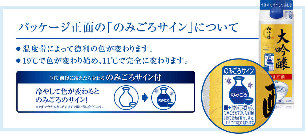 パッケージ正面の「のみごろサイン」について　●温度帯によって徳利の色が変わります。●19℃で色が変わり始め、11℃で完全に変わります。