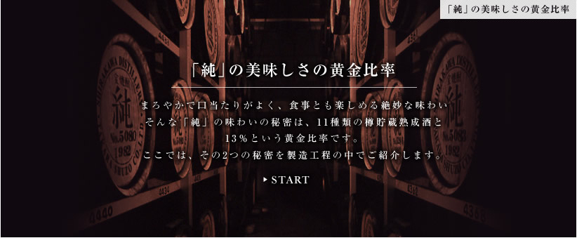 「純」の美味しさの黄金比率 まろやかで口当たりがよく、食事とも楽しめる絶妙な味わい。そんな「純」の味わいの秘密は、11種類の樽貯蔵熟成酒と13％という黄金比率です。ここでは、その2つの秘密を製造工程の中でご紹介します。