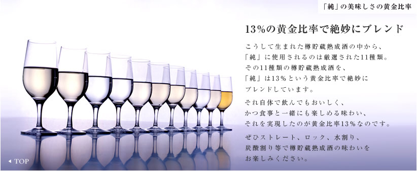 13%の黄金比率で絶妙にブレンド。こうして生まれた樽貯蔵熟成酒の中から、「純」に使用されるのは厳選された11種類。その11種類の樽貯蔵熟成酒を、「純」は13％という黄金比率で絶妙にブレンドしています。それ自体で飲んでもおいしく、かつ食事と一緒にも楽しめる味わい、それを実現したのが黄金比率13％なのです。ぜひストレート、ロック、水割り、炭酸割り等で樽貯蔵熟成酒の味わいをお楽しみください。