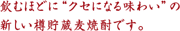 飲むほどに“クセになる味わい”の
新しい樽貯蔵麦焼酎です。
