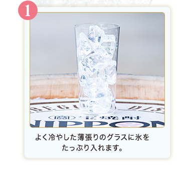 1.よく冷やした薄張りのグラスに氷をたっぷり入れます。