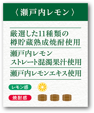 ＜瀬戸内レモン＞厳選した11種類の樽貯蔵熟成焼酎使用。瀬戸内レモンストレート混濁果汁使用。瀬戸内レモンエキス使用。