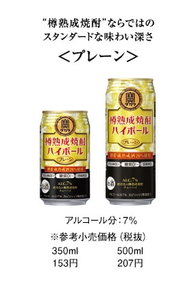 “樽熟成焼酎”ならではのスタンダードな味わい深さ＜プレーン＞　アルコール分：7%　※参考小売価格（税抜）　350ml：153円　500ml：207円