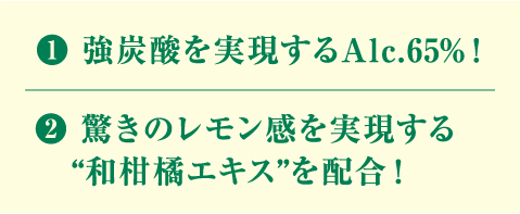 （1）強炭酸を実現するAlc.65%！（2）驚きのレモン感を実現する“和柑橘エキス”を配合！